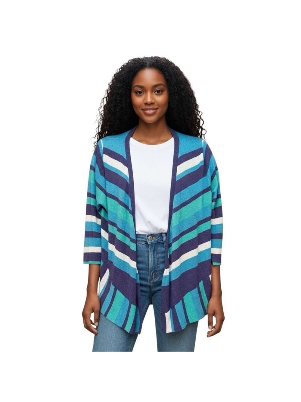 Joseph A Qu'est-ce Que C'est 3/4 sleeve blue striped open front cardigan